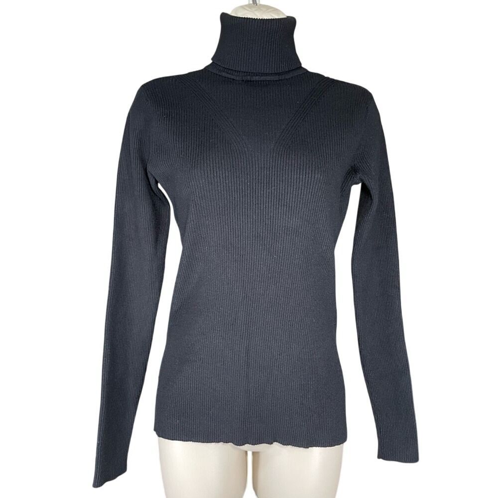 Ribbed Knit Chevron Detail Black long sleeve turtle neck shirt top w/L NWOT - Picture 2 of 8